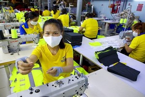 在新平郡一家縫紉成衣品公司工作的工人。