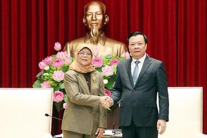 河內市委書記丁進勇（右）與新加坡總統哈莉瑪‧雅各布握手合影。（圖：文牒）