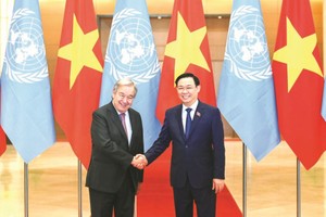 國會主席王廷惠（右）會見聯合國秘書長安東尼奧‧古特雷斯。（圖：越通社）