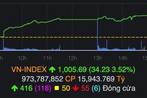 越南指數28日下午收盤大幅上漲34.23點，報1,005.69點。