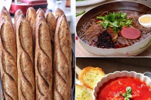 法棍（左）、平壤冷麵（右上）和烏克蘭紅菜湯。