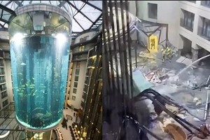 全球最大圓柱水族箱爆裂