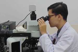 市肿瘤医院阮辉盛医生使用现代设备分析癌症患者的肿瘤。