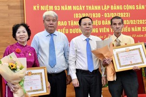 市委副书记阮文孝向第七郡高党龄党员颁授党龄纪念章。