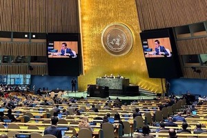 越南常驻联合国代表团团长邓黄江大使以联大副主席身份共同主持会议，并以越南国家代表资格发表了讲话。（图：越通社）