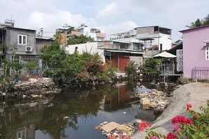 第七郡双新池塘区域住房简陋，水面满是垃圾。