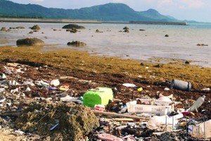 图为被冲上冲绳县石垣岛海岸的大量塑料垃圾。除日本外，来自亚洲其他国家的垃圾也不少。摄于2021年11月。（图：共同社）