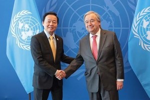 政府副总理陈红河（左）会见联合国秘书长古特雷斯。（图：越通社）