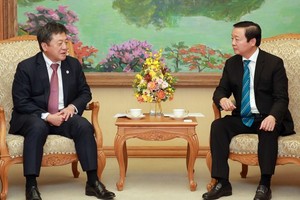 政府副总理陈红河（右）接见JICA驻越南首席代表清水彰。（图：VGP）