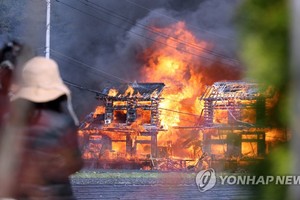 在江原道江陵市兰谷洞的山区，房屋被无情山火烧毁。（图：韩联社）