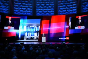 2023年4月16日，德国总理朔尔茨在汉诺威工业博览会开幕式上致辞。（图：Getty Images）