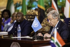联合国秘书长古特雷斯在刚果（金）和平、安全与合作框架区域监督机制第11次高级别会议上发表讲话。（图：联合国）