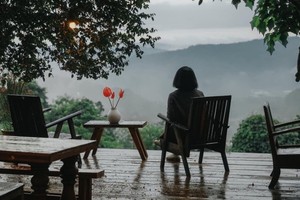 在大勒咖啡店边喝咖啡边看雨。