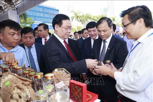 国会主席王廷惠参观该省特色产品陈列展。（图：越通社）