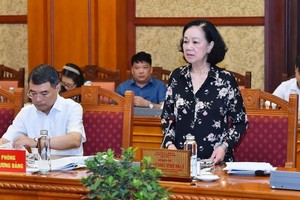 党中央书记处常务书记张氏梅（站）在会议上发言。（图：VOV）