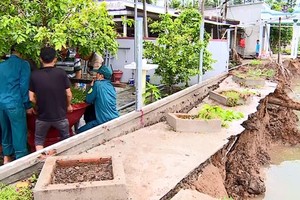 职能力量协助遇河畔坍塌、导致农村道路中断的永隆省茶温县陆仕成乡居民搬迁。