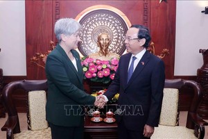 市委书记阮文年与澳大利亚外长黄英贤交谈。（图：越通社）