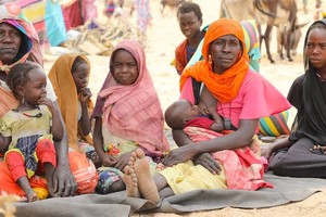 一户苏丹家庭在位于乍得边境的难民入境点避难。（图：联合国）