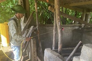 一名当地男性对自家的养猪场及附近进行喷射消毒，以防非洲猪瘟蔓延。