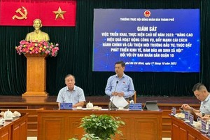 市人民议会副主席阮文勇（站）在会议上发言。（图：志石）