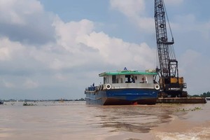 一艘采沙船在安江省新洲镇河段上的一个沙田开采。（图：国平）