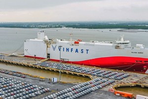 在海防港口准备出口的Vinfast电动汽车。