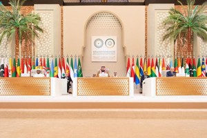 沙特阿拉伯王储兼首相穆罕默德‧本‧萨勒曼在利雅得举行的阿拉伯-伊斯兰国家领导人联合特别峰会上讲话。（图：沙特通讯社）