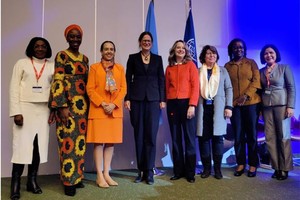 越南常驻联合国、世界贸易组织及日内瓦其他国际组织代表团团长黎氏雪梅大使和国际移民组织以及部分组织领导人合影。（图：越通社）