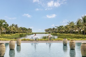 游客在头顿市的度假村内骑自行车寻幽探胜。