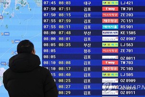 12月17日上午，在济州国际机场到达大厅，一名游客通过显示屏查看国内航线运行信息。当天，全国迎来强寒潮天气。（图：韩联社）