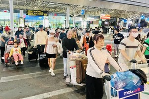 乘客在本市新山一机场等待办理登机手续。