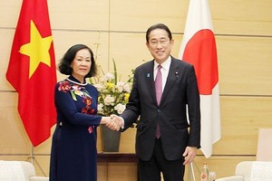越南共产党中央书记处常务书记张氏梅与日本首相岸田文雄。（图：越通社）