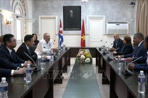 越南最高人民法院副院长阮文进与古巴最高人民法院院长鲁文•雷米西奥•费罗举行会谈。（图：越通社）