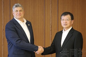6月9日下午，出席“日美防卫产业合作、采购、维护定期磋商”（DICAS）首次会议的美国国防部副部长拉普兰特（左）与日本防卫装备厅长官深泽雅贵在防卫省握手。（图：共同社）