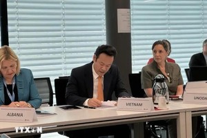 越南常驻日内瓦代表团团长梅潘勇大使发表讲话。（图：越通社）