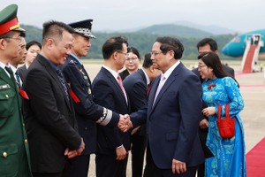 韩国官员在城南军用机场迎接政府总理范明政和夫人。（图：越通社）