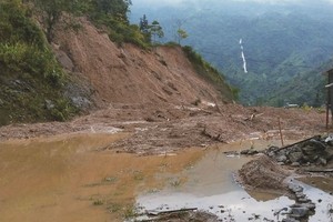 昨（8）日上午，河江省黄树皮县南丝乡的街道被土石流已变成泥塘。（图：安华）