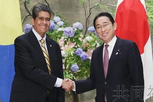 6月4日，日本首相岸田文雄（右）与帕劳总统惠普斯握手。（图：共同社）