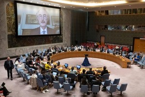 秘书长叙利亚问题特使裴凯儒（屏幕上）向联合国安理会会议通报叙利亚局势。