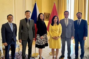 黎氏秋姮副部长（左四）和卡特日娜·丝葵萨瓦女士（左三）以及双方代表合影。（图：越通社）
