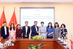 《越通社》总经理武越庄（右四）与泰国国家新闻媒体委员会主席查瓦隆·林帕塔帕尼握手并同双方代表合影留念。（图：越通社）