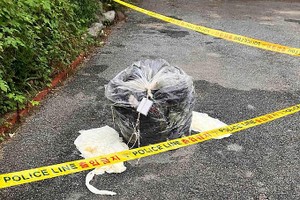 本月7日，位于春川市南山面仓村里的一处道路上，发现疑似朝方空飘“垃圾气球”。（图：韩联社）