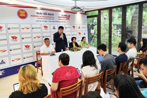 驻越韩国文化中心主任Choi Seung Jin（站）在新闻发布会上发言。（图：越通社）