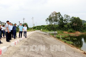海阳省人委会主席黎玉珠同工作团亲往考察志灵市堤坝护岸工程。（图：越通社）