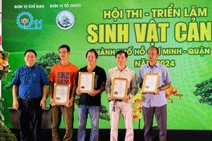 第十一郡人委会主席阮陈平（左一）向比赛中取得佳绩的单位颁发奖状。（图：志石）