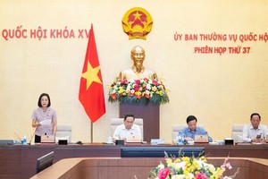 国会副主席阮氏清（左一）在会议上发言。（图：国会）