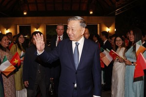 大使馆工作人员来到机场迎接苏林总书记、国家主席一行。（图：越通社）