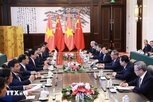 2024年6月24日，在中国辽宁省大连市出席世界经济论坛第十五届新领军者年会并对中国进行工作访问期间，越南政府总理范明政同中国国务院总理李强举行会谈。（图：越通社）