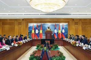 越南国会主席陈清敏与老挝国会主席赛宋蓬‧丰威汉举行会谈。（图：越通社）