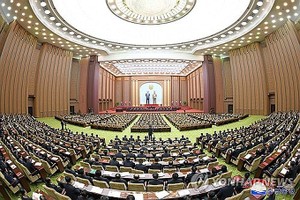 朝鲜第十四届最高人民会议第十一次会议现场。（图：韩联社/朝中社）